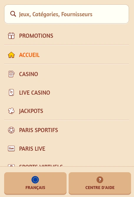 Menu mobile de Billy Bets Casino